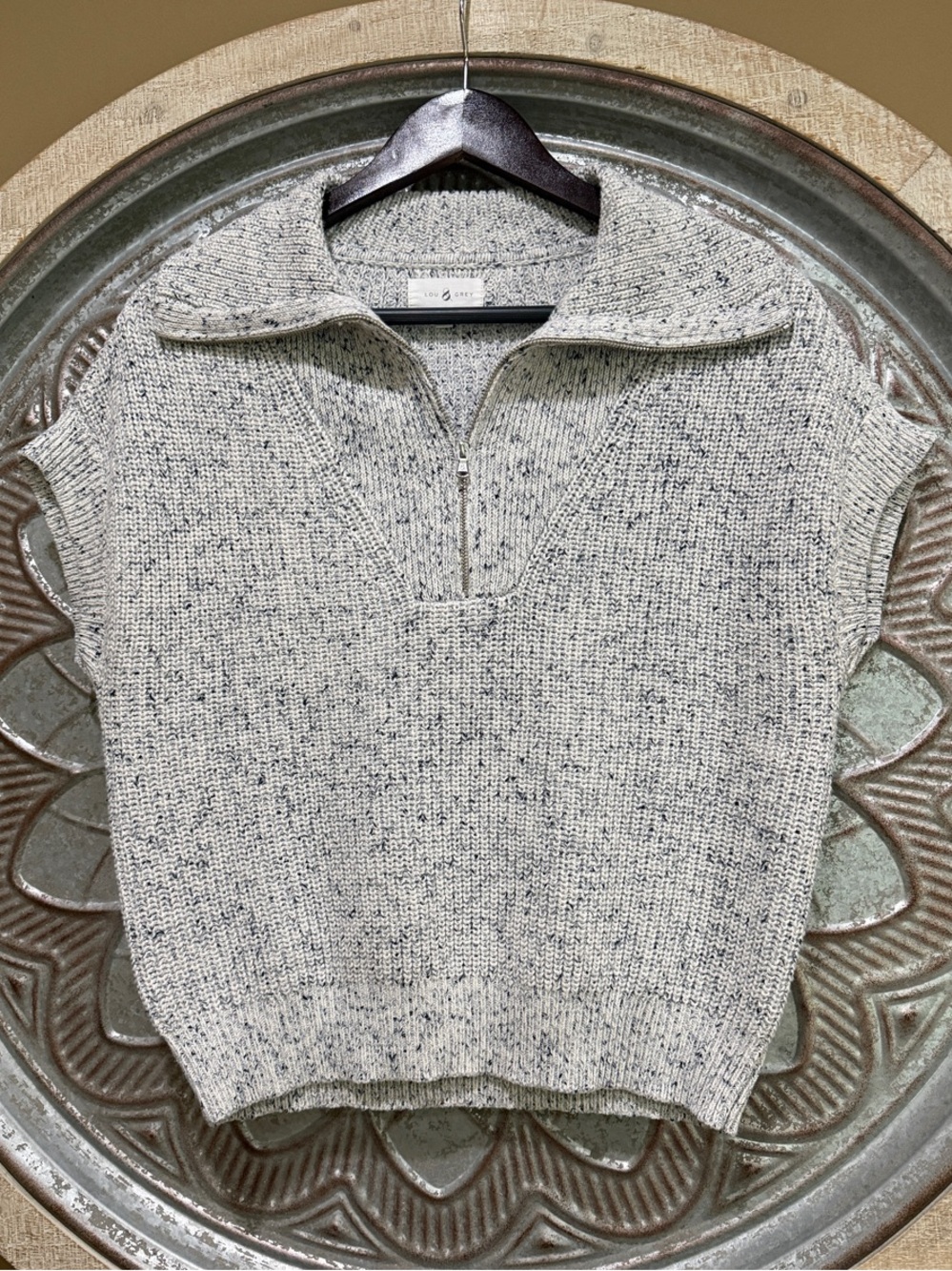 Lou & Grey Speckled Half-Zip Knit Vest - Light Gray with Navy Flecks